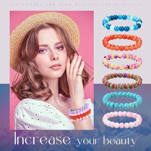 Gemstone Beaded Bracelets Set 24-Color Natural Stone Unisex Jewelry - Picture 5 of 7